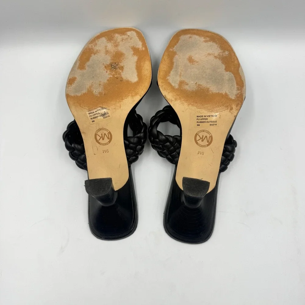 Michael Kors Clara Black Braided DoubleStrap Slide Sandals Heeled Mules SG21A 9M